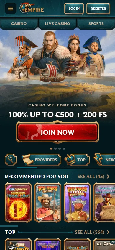 My Empire Casino home page on a mobile device
