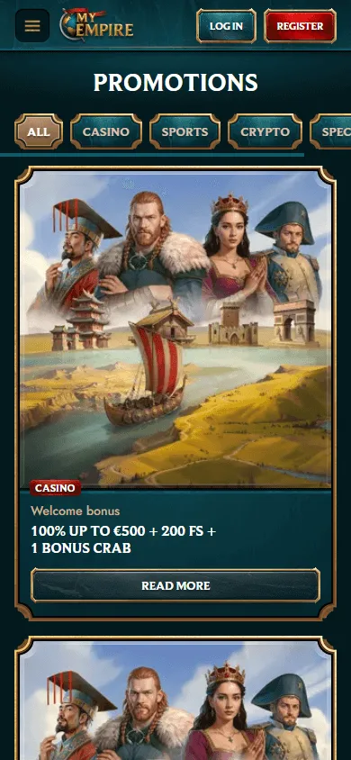 My Empire Casino promotions area on a mobile device