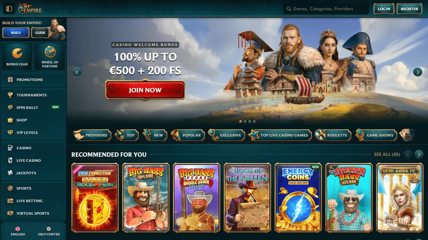 My Empire Casino home page on desktop